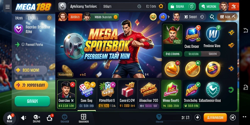 Screenshot MEGA188 menampilkan antarmuka aplikasi Sportsbook yang menarik.