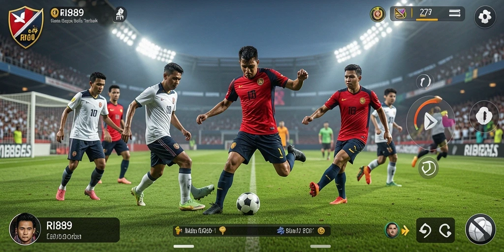 Tampilan gameplay RI889 menunjukkan pertarungan seru di lapangan sepak bola.